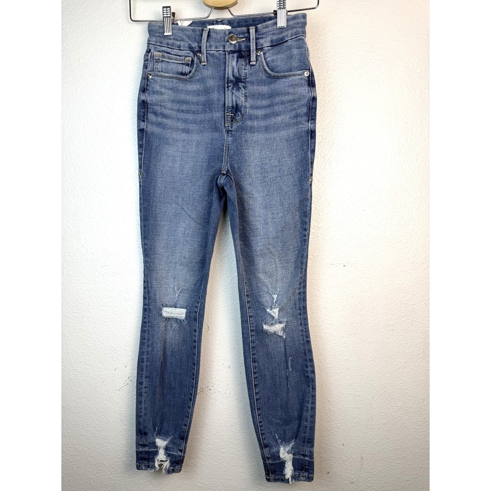 Good American Good Waist Blue Distressed Skinny Crop Jeans Stretch Denim 0/25